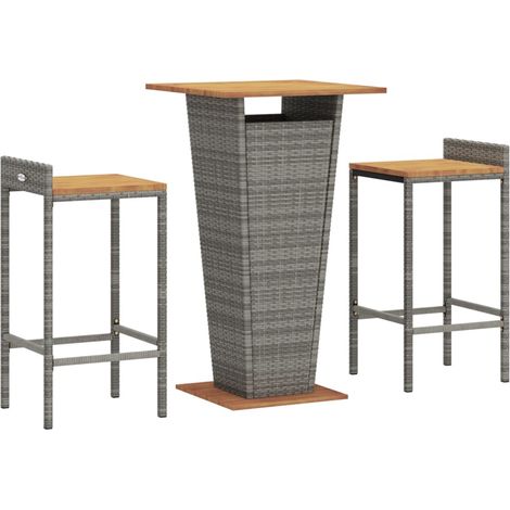 Mesa y taburetes altos jardín 3 pzas madera y ratán PE gris vidaXL (1/4)