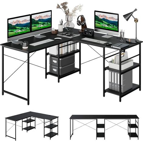 COSTWAY Scrivania Angolare per Computer con Supporto per Monitor, Scrivania Porta PC in Legno, Scrivania Salvaspazio e Moderna per Ufficio e Studio, 242 x 60 x 75 cm (Nero) (1/5)