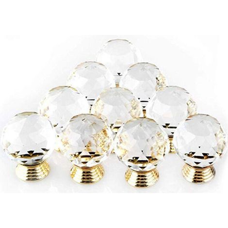 Promotional Set of 10 Crystal Gold Door Knobs, 30mm Diameter. Round Glass Cabinet Knobs, Decorative Knobs for Furniture and Drawers (1/5)