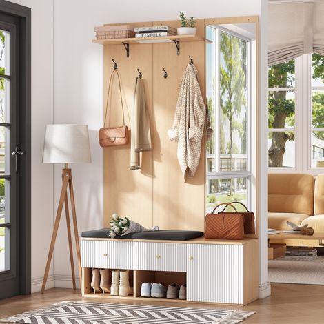 Mobile ingresso con specchio e panca portascarpe imbottita - 120x40x200 cm appendiabiti multifunzionale da corridoio in mdf stile moderno con cassetti - bianco e rovere (1/5)