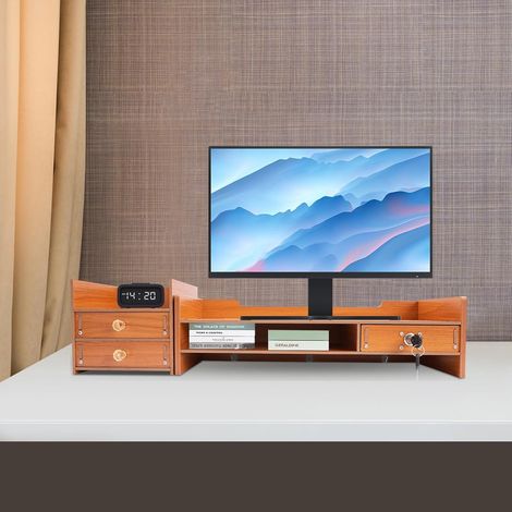 Support de moniteur, support d'écran en bambou, rehausseur d'écran pour bureau, rehausseur d'écran ergonomique, rehausseur d'écran avec 2 tiroirs et compartiments, organisateur de rangement pour (1/5)