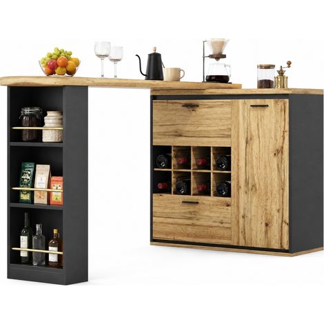 Table à manger extensible 138 à 220 cm avec rangements, 2 tiroirs, casier à vin et tablette modulable, plateau effet bois, pour cuisine et salon  CHICFURN (1/5)
