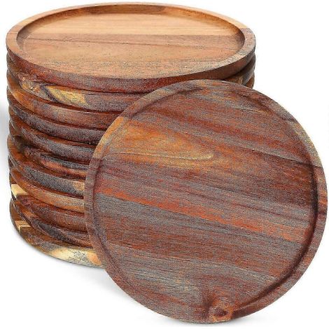 Lot de 12 plateaux ronds en bois, assiettes de présentation pour sandwichs, en-cas, desserts, salades et fruits. Nettoyage facile. 20 cm.