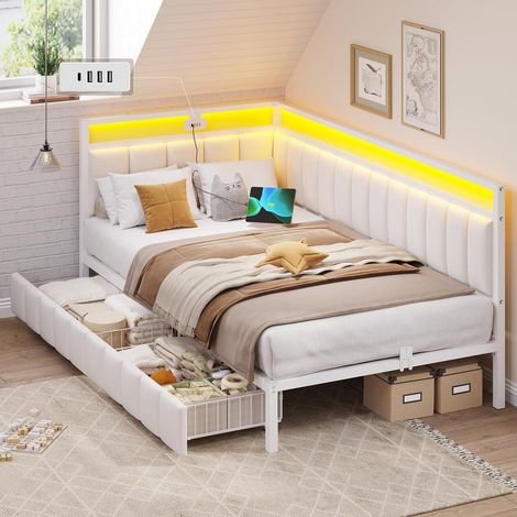 Jugendbett 90x200 mit LED, USB-Ladestation & 2 Schubladen, Weiß (1/5)