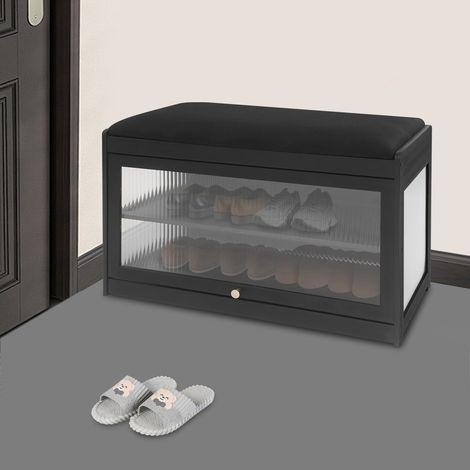 Petit banc à chaussures avec coussin et portes en acrylique - Banc à chaussures avec espace de rangement Noir 50 x 32 x 42 cm Meuble à chaussures compact avec banc Banc d'entrée Banc d'armoire Anti-po (1/5)