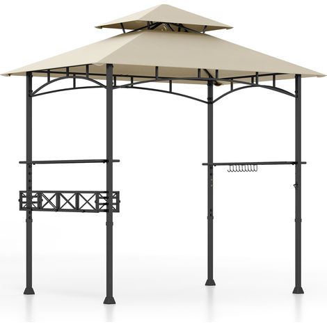 Tonnelle de barbecue beige 8 x 5 pieds en métal avec toit double ventilé, 2 étagères et 10 crochets pour jardin et terrasse (1/5)