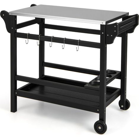 Tavolo mobile da esterno per cibi Stand per forno a pizza in HDPE con piano in acciaio inox vassoio Nero (1/4)