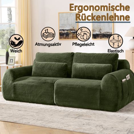Canapé 2 places vert fausse fourrure lapin haut rebond, port USB et rangement latéral pour petit espace intérieur