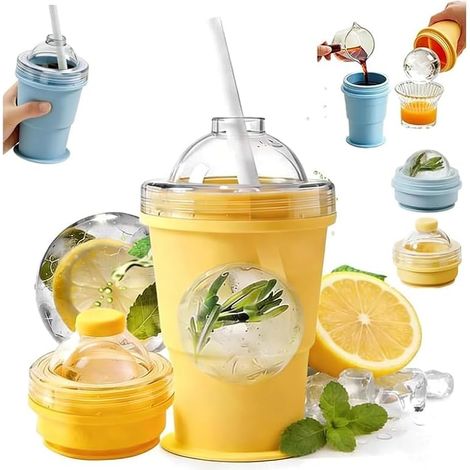 Lot de 2 gobelets de hockey sur glace pliables 2 en 1 en silicone avec paille et couvercle, moule à glace réutilisable, démoulage facile, tasse à café anti-fuite pour camping, bureau (2, jaune) (1/5)