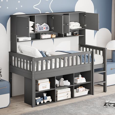 Cama altillo de 90x200 cm, cama altillo infantil con almacenamiento y escalera de seguridad, gris (1/5)