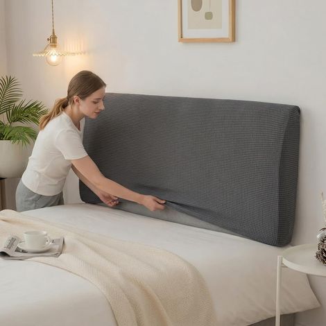 Funda elástica integral para cabecero de cama en tejido polar - Envoltura 360° - Para decoración de dormitorio - Gris - 150 cm - Se adapta a cabeceros de 140 a 170 cm (1/5)