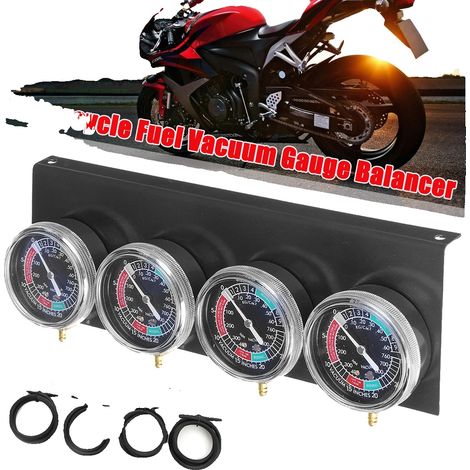 Kit di bilanciamento del carburatore, in metallo e plastica, 30,4 cm x 10 cm, diametro del manometro 7 cm, adatto per motociclette a 2 e 4 cilindri, include 4 tubi flessibili per il vuoto. (1/5)