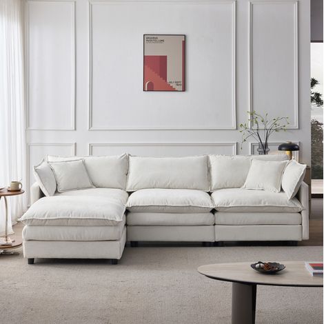 Sofá esquinero de 3 plazas con chaise longue y puf de chenilla beige 267 x 154 x 85 cm DESVIAE