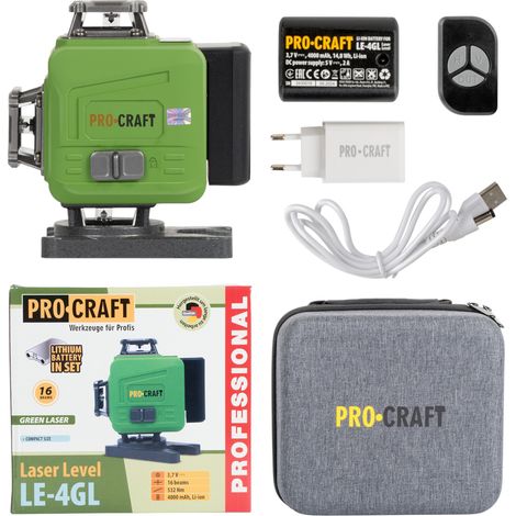 Laser à lignes croisées sans fil Procraft LE-4GL 3,7 V 40 m vert à mise à niveau automatique + 1 batterie 4,0 Ah + chargeur