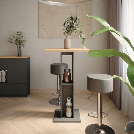 Bartisch-Set Repose, Goldkraft Eiche/Anthrazit, 65 x 65 cm mit 2 Barhockern, Vicco