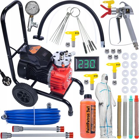Rosfix Set Red Strong Storm 1100 RSS05 – Airless Farbspritzgerät 3500 W, 22 MPa, 18 l/min  LCD-Anzeige, Edelstahlpumpe  Für Wände, Holz, Stahl  Lackierzubehör (1/5)
