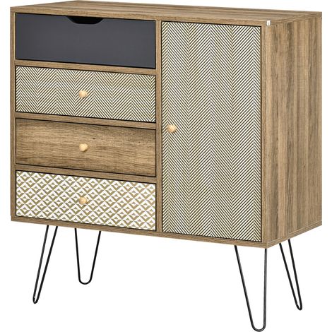 Kommode im böhmischen Stil mit 4 Schubladen und 1 Tür, braunes Aufbewahrungsmöbel, 79 x 39 x 86 cm