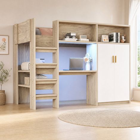 Letto a soppalco multifunzione 90x200 cm con scrivania, armadio, ripiani e LED (1/5)