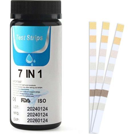 7-in-1 Pool- und Spa-Wassertester, 50 Teststreifen, testet auf Chlor und pH-Wert, Brom, Gesamthärte, Gesamtalkalität, Cyanursäure und Gesamtchlor