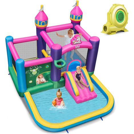 COSTWAY Castello Gonfiabile per bambini, Casa Gonfiabile con Scivolo, Area per Saltare, Piscina, con Borsa di Trasporto e Kit di Riparazione, per 3 Bambini di 3-10 Anni (Con soffiatore)