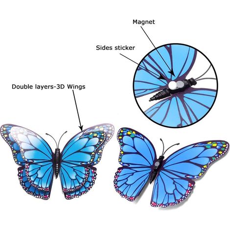 Autocollants papillon 3D à deux ailes, déco murale PVC réaliste, aimant et adhésif double face, 4x6cm 4x8cm 2x10cm 2x12cm, pour mur meuble marbre bois verre métal (1/2)