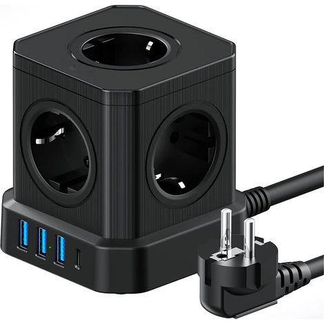 Multiprise Cube 9-en-1 – 5 prises EU et 4 ports USB – 4000W avec interrupteur – Câble 2M pour bureau et maison (1/4)