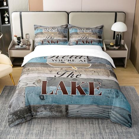 Lac Maisons 100% Coton Housse de Couette 200x200cm Camping Parure de Lit en Bois pour Rouille Literie Set Paddle Ensemble de lit décoration de Ferme Ensemble de Literie - 200 x 200 cm + 2 taies d'orei (1/5)