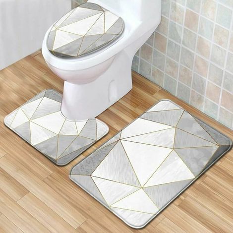 3Pcs / Set Tapis de Salle de Bain Antidérapant Marbré Ensemble Tapis de Salle de Bain + Tapis de Toilette en Forme de U + Couvercle de Couvercle Blanc-gris (1/5)