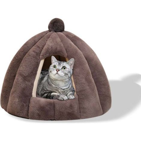 Lit De Grotte pour Chat, Lit De Coussin De Chat Lavable, Igloo De Chat en Peluche Doux Et Confortable(S, Gris) (1/5)