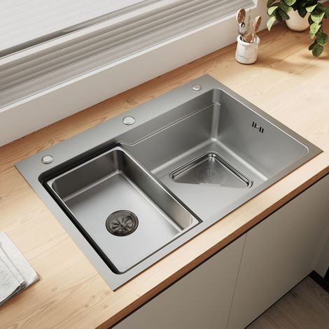 SIRHONA Évier 1 bac inox 304 nano argenté à bord large, finition 3D grains de riz, 70x48 cm, égouttoir et grille triangulaire inclus