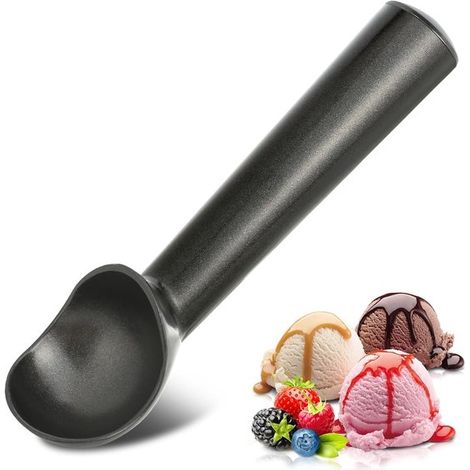Cuchara para helado de 2 piezas, de aluminio negro, 18 cm, fabricada en una sola pieza, con revestimiento antiadherente (negro). (1/5)