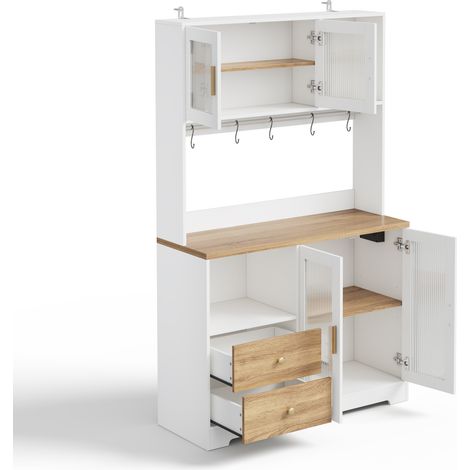 Armoire Haute de Cuisine avec Éclairage LED RGB, Vitrine en Verre Trempé, Prise Intégrée et Plan de Travail Renforcé 110x40x178 cm Blanc et Bois (1/5)