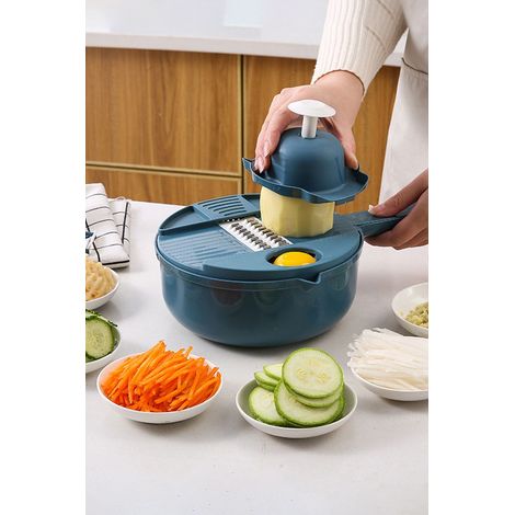 Trancheuse multifonctionnelle 9 en 1 pour légumes et aliments, hachoir, râpe à 6 lames avec panier de vidange et protège-mains (1/5)