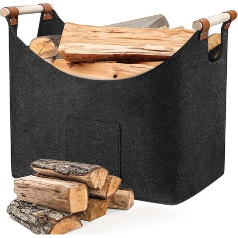 Panier à Bois de Chauffage, Sac en Feutre pour Bois de Cheminée, Grande Panier à Bûches Pliable avec Poignée Renforcée pour Boi, Journaux, Jouets, Gris Foncé (45x32x40 cm) (1/5)
