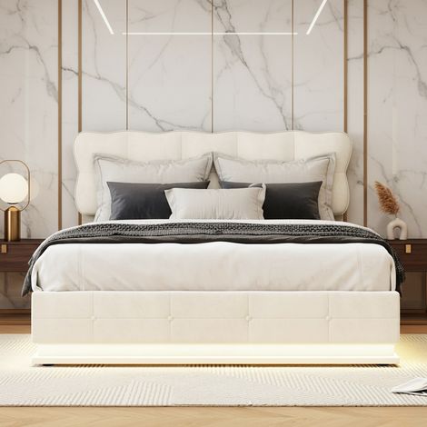 Letto contenitore 160x200 cm in velluto beige - letto matrimoniale imbottito con rete sollevabile e luci LED RGB - struttura letto con vano salvaspazio