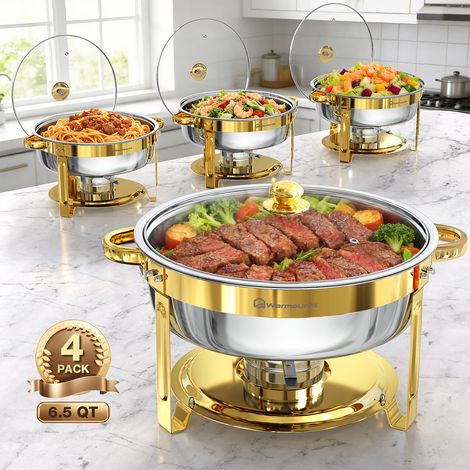 4pcs 6L Gold Chafing Dishes for Buffet 6.5QT, Round Stainless Steel Chafer and Warmer Set with Lid Holder for Catering, Party, Wedding (1/5)
