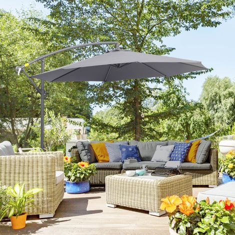 3x3 m großer Gartenschirm mit verstellbarem Schirmdach, Kreuzfuß, Belüftungsöffnungen, Kurbelgriff, neigbar, aus Stahl und Polyester, für Terrasse und Balkon, Grau
