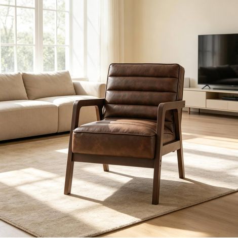 Poltrona imbottita da salotto 64 x 86 x 79 cm in PU e legno marrone antico HAVRYA (1/5)