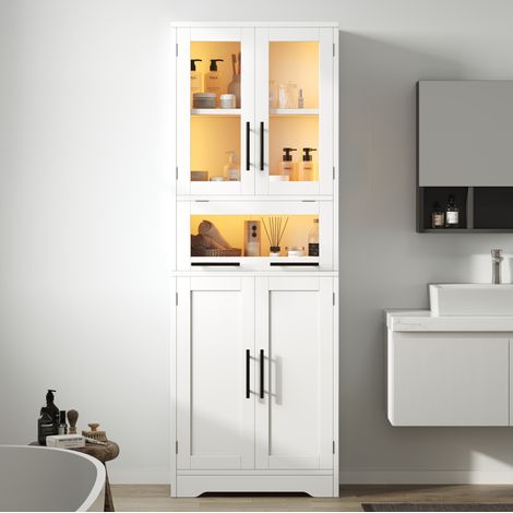 Columna de baño 60x30x170 cm de MDF y vidrio con LED, 3 puertas y estantes ajustables, blanco (1/5)