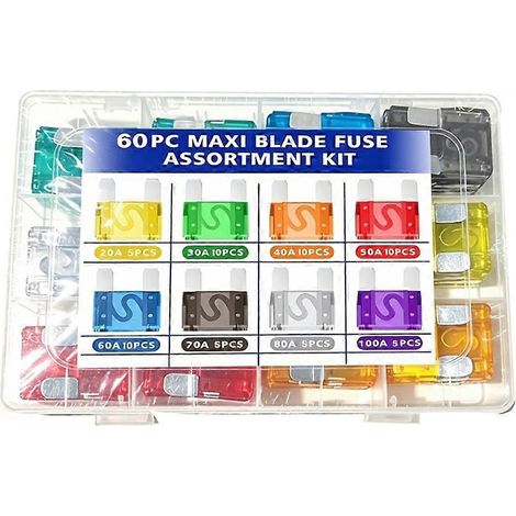 Boîte de 60 mini-fusibles automobiles à lames, assortiment de 20 A, 30 A, 40 A, 50 A, 60 A, 70 A, 80 A et 100 A. (1/5)