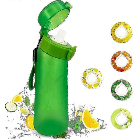 Gourde Air de 750 ml avec 5 capsules aromatisées, étanche, avec paille, idéale pour le sport et les activités de plein air. Couleur : vert mat.
