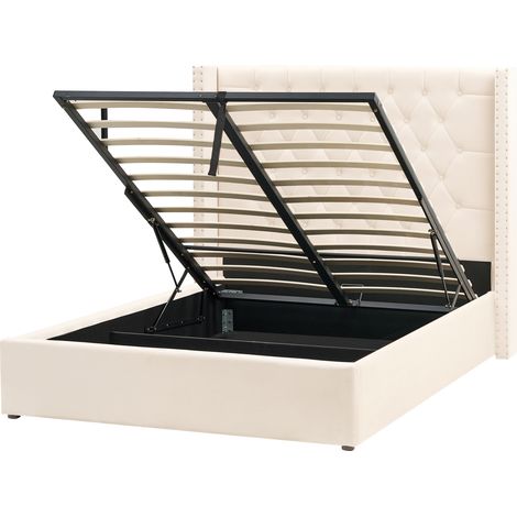 Cama con almacenaje cabecero de terciopelo blanco crema 140 x 200 cm Lubbon