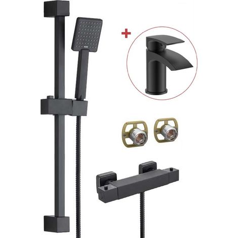 Matt Black Thermostatic Square Bar Mixer Shower + Riser Kit + Fast Fit Kit + Tap (1/2)