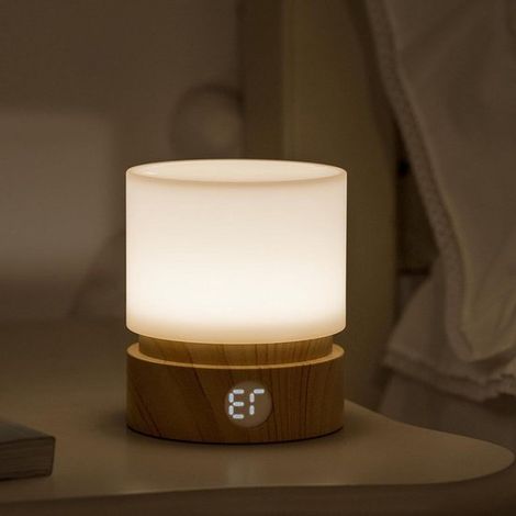 Nachttischlampe mit warmem Licht - Wiederaufladbare LED-Lampe in Holzoptik - Schlafhilfe-Timer - Einstellbare Helligkeit, kabellos, batteriebetrieben - Nachtlicht.