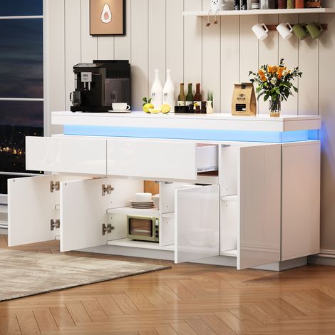 Sideboard (140 x 35 x 72.5 cm), mit 2 Schubladen und 4 Türen, LED-Beleuchtung, Hochglanz, Spanplatte, Weiß (1/5)