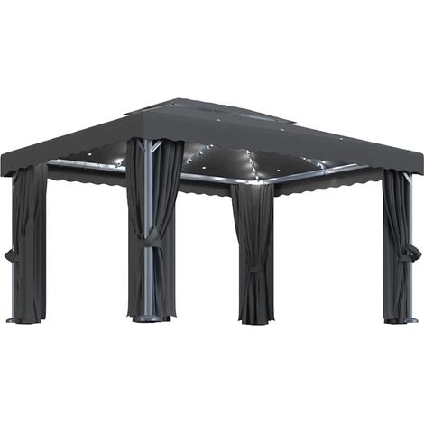 Tonnelle Barnum de Jardin, Pavillon, Pergola, Tente de jardin, avec rideau et guirlande lumineuse LED 4x3m Anthracite OIB8571E (1/5)