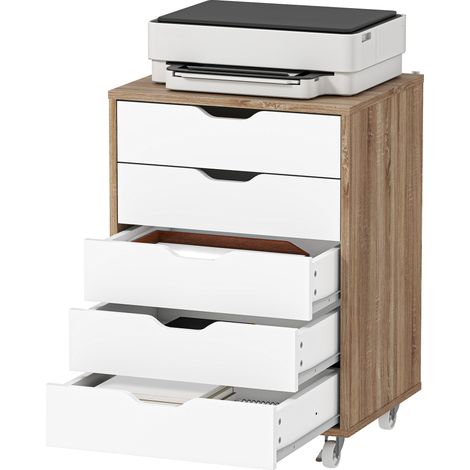 Caisson bureau mobile 5 tiroirs sur roulettes, meuble rangement blanc et chêne, 47,5 x 39,5 x 67,5 cm (1/5)