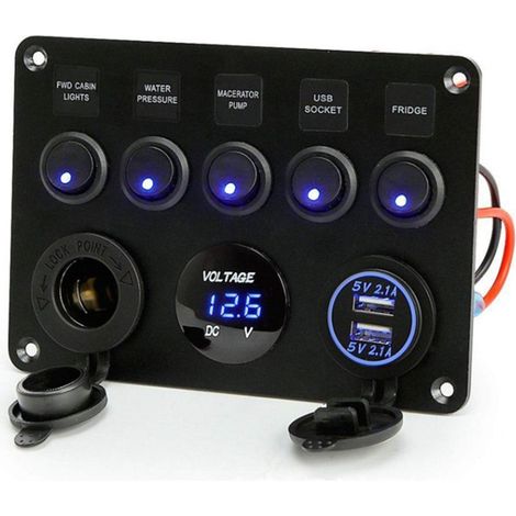 Panel de interruptores basculantes de 5 posiciones, 12 V/24 V, resistente al agua IP65, con cargador USB doble, voltímetro digital para coche, barco, camión, caravana, barco marino (1/5)