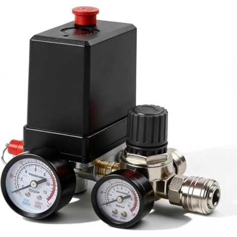 Pressostat Compresseur D'air, 220 V Régulateur De Pression, 90-120 Psi Pressostat Compresseur Avec Valve De Sécurité Et Manomètre, Soupape De Compresseur D'air Pour Une Décompression Rapide (1/5)