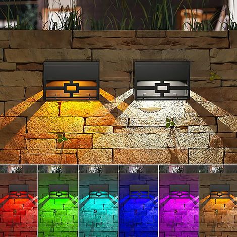Lampe Solaire Extérieur 2 Pack Solaire Éclairage Mural Lampe de Clôture RGB Couleur et Blanc Chaud Lumière Solaire IP65 Etanche Extérieure Décorative pour Jardin Clôture Terrasse Marche Escalier
